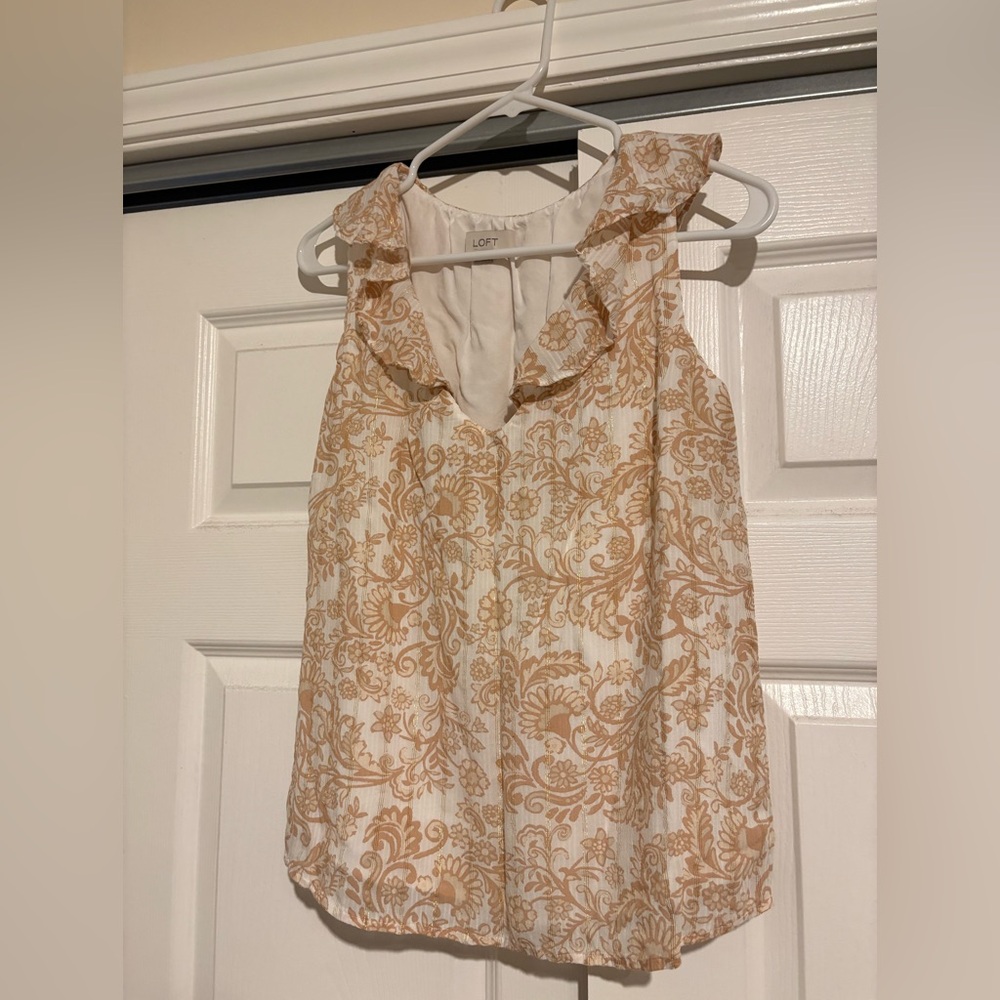 LOFT Cream and Tan Floral Ruffle Blouse